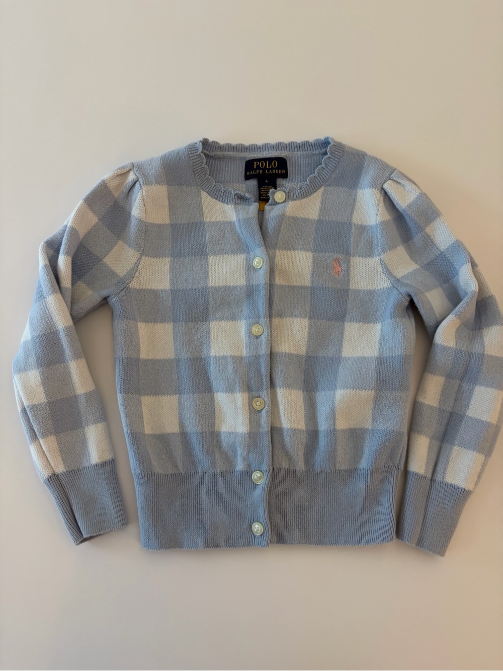 Polo Ralph Lauren light blue and white Checkered Gingham Cotton Cardigan 4T